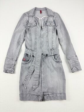 Foxy Jeans Y2K Denim Mini Dress Belted Zip Front Long Sleeve Bodycon 2000s